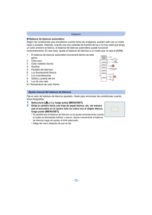 Page 75- 75 -
Grabación
∫Balance de blancos automático
Según las condiciones que prevalecen cuando to ma las imágenes, pueden salir con un matiz 
rojizo o azulado. Además, cuando usa una vari edad de fuentes de luz o no hay nada que tenga 
un color próximo al blanco, el balanc e de blancos automático puede funcionar 
incorrectamente. En ese caso, ajuste el balance de blancos a un modo que no sea el [AWB].
1 El balance de blancos automático funcionará dentro de esta  gama
2 Cielo azul
3 Cielo nublado (lluvia)
4...