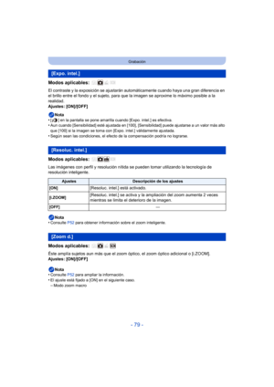 Page 79- 79 -
Grabación
Modos aplicables: 
El contraste y la exposición se ajustarán automáticamente cuando haya una gran diferencia en 
el brillo entre el fondo y el sujeto, para que la imagen se aproxime lo máximo posible a la 
realidad.
Ajustes: [ON]/[OFF]
Nota
•
[ ] en la pantalla se pone amarilla cuando [Expo. intel.] es efectiva.•Aun cuando [Sensibilidad] esté ajustada en [100], [Sensibilidad] puede ajustarse a un valor más alto 
que [100] si la imagen se toma con [Expo. intel.] válidamente ajustada....