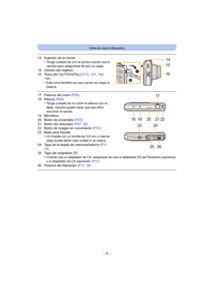 Page 9- 9 -
Antes de usar el dispositivo
14 Sujeción de la correa•Tenga cuidado de unir la correa cuando usa la 
cámara para asegurarse de que no caiga.
15 Cilindro del objetivo
16 Toma [AV OUT/DIGITAL]  (P13, 137,  140, 
146)
•
Esta toma también se usa cuando se carga la 
batería.
17 Palanca del zoom  (P52)
18 Altavoz  (P45)
•
Tenga cuidado de no cubrir el altavoz con su 
dedo. Hacerlo puede hacer que sea difícil 
escuchar el sonido.
19 Micrófono
20 Botón de encendido  (P23)
21 Botón del obturador  (P27, 30)...