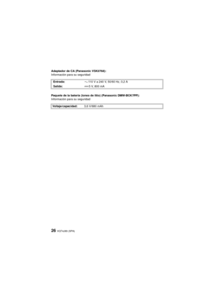 Page 26VQT4J93 (SPA)26
Adaptador de CA (Panasonic VSK0768):
Información para su seguridad
Paquete de la batería (iones de litio) (Panasonic DMW-BCK7PP):
Información para su seguridad Entrada:
110V a 240V, 50/60Hz, 0,2A
 Salida: 5V, 800mA
Voltaje/capacidad: 3,6 V/680 mAh
DMC-SZ5P-VQT4J93_lsp.book  26 ページ  ２０１２年７月５日　木曜日　午後５時４２分 