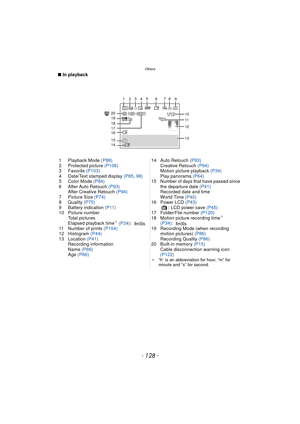 Page 128Others
- 128 -
∫In playback
1 Playback Mode (P88)
2 Protected picture  (P106)
3 Favorite  (P103)
4 Date/Text stamped display  (P85, 98)
5 Color Mode  (P84)
6 After Auto Retouch  (P93)
After Creative Retouch  (P94)
7 Picture Size (P74)
8 Quality  (P75)
9 Battery indication  (P11)
10 Picture number Total pictures
Elapsed playback time
¢ (P34) :
11 Number of prints  (P104)
12 Histogram  (P44)
13 Location  (P41)
Recording information
Name  (P66)
Age  (P66) 14 Auto Retouch 
(P93)
Creative Retouch  (P94)...