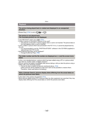 Page 140Others
- 140 -
•[Rotate Disp.] (P48) is set to [ ] or [ ].
•Is the REC/PLAY switch set to [ (]? (P32)•Is there a picture on the built-in memory or the card?
> The pictures on the built-in memory appear when a card is not inserted. The picture data on 
the card appears when a card is inserted.
•Is this a folder or picture which was processed in the PC? If it is, it cannot be played back by 
this unit.
> It is recommended to use the “ PHOTOfunSTUDIO ” software in the CD-ROM (supplied) to 
write pictures...