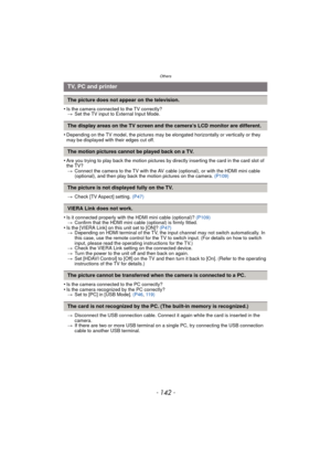 Page 142Others
- 142 -
•Is the camera connected to the TV correctly?> Set the TV input to External Input Mode.
•Depending on the TV model, the pictures may be  elongated horizontally or vertically or they 
may be displayed with their edges cut off.
•Are you trying to play back the motion pictures by directly inserting the card in the card slot of 
the TV? > Connect the camera to the TV with the AV  cable (optional), or with the HDMI mini cable 
(optional), and then play back the motion pictures on the camera....