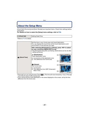 Page 40Basic
- 40 -
About the Setup Menu
[Clock Set], [Economy] and [Auto Review] are important items. Check their settings before 
using them.
For details on how to select the [Setup] menu settings, refer to  P38.
•
Refer to P18  for details.
•Press 3 if you are using Summer Time [ ]. (The time will move forward by 1 hour.) Press  3 
once more to return to the normal time.
•If you cannot find the travel destination in the areas displayed on the screen, set by the time 
difference from the home area.
U  [Clock...