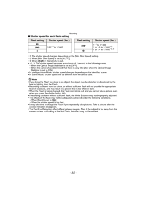 Page 55- 55 -
Recording
∫Shutter speed for each flash setting
¢1 The shutter speed changes depending on the [Min. Shtr Speed] setting.
¢ 2 When [Min. Shtr Speed] is set to [AUTO].
¢ 3 When [ ] in [Sensitivity] is set.
•¢2, 3: The shutter speed becomes a maximum of 1 second in the following cases.–When the Optical Image Stabilizer is set to [OFF].–When the camera has determined that there is very little jitter when the Optical Image 
Stabilizer is set to [ON].
•In Intelligent Auto Mode, shutter speed changes...