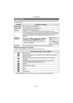 Page 91- 91 -
Playback/Editing
Pictures are classified into only still pictures, only motion pictures, or only 3D pictures etc., 
and played back.
∫ About the categories to be sorted
It will be sorted as following when [Category Selection] is set.
¢ Press  3/4 /2/ 1 to select the person to play back and then press [MENU/SET].
[Filtering Play]
SettingsDescription of settings
[Picture Only] Only still pictures are played back.
[Video Only] Only motion pictures are played back.
[3D Play] Only 3D pictures are...