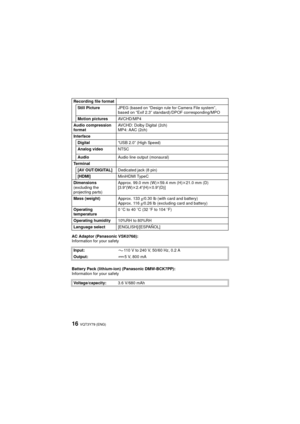 Page 16VQT3Y79 (ENG)16
AC Adaptor (Panasonic VSK0768):
Information for your safety
Battery Pack (lithium-ion) (Panasonic DMW-BCK7PP):
Information for your safetyRecording file format
Still Picture JPEG (based on “Design rule for Camera File system”, 
based on “Exif 2.3” standard)/DPOF corresponding/MPO
Motion pictures AVCHD/MP4
Audio compression 
format AVCHD: Dolby Digital (2ch)
MP4: AAC (2ch)
Interface
Digital “USB 2.0” (High Speed)
Analog video NTSC
Audio Audio line output (monaural)
Te r m i n a l [AV...