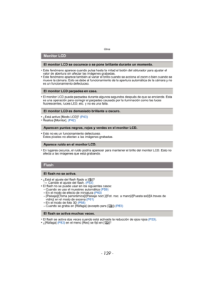 Page 139- 139 -
Otros
•Este fenómeno aparece cuando pulsa hasta la mitad el botón del obturador para ajustar el 
valor de abertura sin afectar las imágenes grabadas.
•Este fenómeno aparece también al variar el brillo cuando se acciona el zoom o bien cuando se 
mueve la cámara. Esto se debe al funcionamiento de la apertura automática de la cámara y no 
es un funcionamiento defectuoso.
•El monitor LCD puede parpadea durante algunos segundos después de que se enciende. Esta 
es una operación para corregir el...