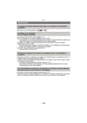 Page 140Otros
- 140 -
•[Girar pant.] (P48) está ajustado en [ ] o [ ].
•¿El interruptor REC/PLAY se fijó en [ (]? (P32)•¿Hay una imagen en la memoria integrada o en la tarjeta?
> Las imágenes en la memoria integrada aparecen cuando no está insertada una tarjeta. Los 
datos de la imagen en la tarjeta aparecen cuando está insertada.
•¿Es ésta una imagen o carpeta que se procesó en el ordenador? De serlo, no puede 
reproducirse con esta unidad.
> Se recomienda usar el software “ PHOTOfunSTUDIO ” en el CD-ROM...