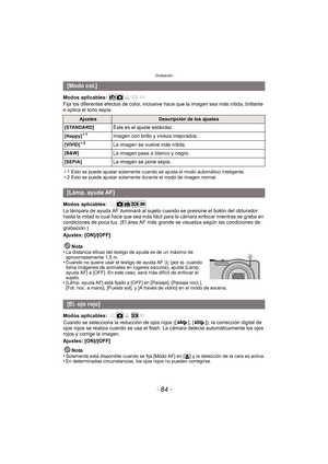 Page 84Grabación
- 84 -
Modos aplicables: 
Fija los diferentes efectos de color, inclusive hace que la imagen sea más nítida, brillante 
o aplica el tono sepia.
¢ 1 Esto se puede ajustar solamente cuando se ajusta el modo automático inteligente.
¢ 2 Esto se puede ajustar solamente durante el modo de imagen normal.
Modos aplicables: 
La lámpara de ayuda AF iluminará al sujeto cuando se presione el botón del obturador 
hasta la mitad lo cual hace que sea más fácil para la cámara enfocar mientras se graba en...