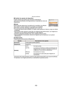 Page 90Reproducción/Edición
- 90 -
∫Cambiar los ajustes de diapositiva
Puede cambiar los ajustes para reproducir diapositivas 
seleccionando [Efecto] o [Configuración] en la pantalla de menú de 
diapositivas.
[Efecto]
Éste le permite seleccionar los efectos de la pantalla o los efectos 
de la música cuando cambia de una imagen a la siguiente.
[NATURAL], [SLOW], [SWING], [URBAN], [OFF], [AUTO]
•
Cuando está seleccionado [URBAN], la imagen puede aparecer en blanco y negro con efecto 
de pantalla.
•[AUTO] sólo...