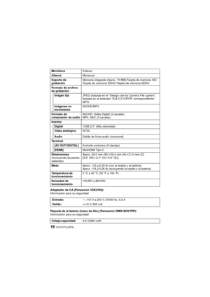 Page 16VQT3Y79 (SPA)16
Adaptador de CA (Panasonic VSK0768):
Información para su seguridad
Paquete de la batería (iones de litio) (Panasonic DMW-BCK7PP):
Información para su seguridadMicrófono
Estéreo
Altavoz Monaural
Soporte de 
grabación Memoria integrada (Aprox. 70 MB)/Tarjeta de memoria SD/
Tarjeta de memoria SDHC/Tarjeta de memoria SDXC
Formato de archivo 
de grabación Imagen fija JPEG (basada en el “Design rule for Camera File system”, 
basada en el estándar “Exif 2.3”)/DPOF correspondiente/
MPO
Imágenes...