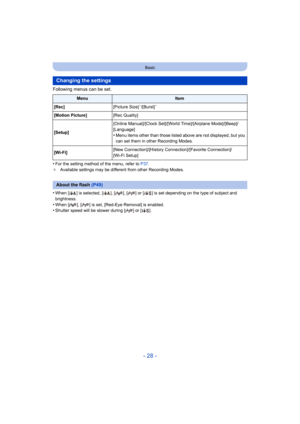 Page 28- 28 -
Basic
Following menus can be set.
•
For the setting method of the menu, refer to P37.
¢ Available settings may be differ ent from other Recording Modes.
•When [ ] is selected, [ ], [ ], [ ] or [ ] is set depending on the type of subject and 
brightness.
•When [ ], [ ] is set, [Red-Eye Removal] is enabled.•Shutter speed will be slower during [ ] or [ ].
Changing the settings
MenuItem
[Rec] [Picture Size]
¢/[Burst]¢
[Motion Picture][Rec Quality]
[Setup] [Online Manual]/[Clock Set]/[World...