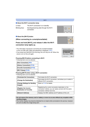 Page 94- 94 -
Wi-Fi
∫About the Wi-Fi connection lamp
∫ About the [Wi-Fi] button
(When connecting to a smartphone/tablet)
Press and hold [Wi-Fi], and release it after the Wi-Fi 
connection lamp lights up.
•The information required for connecting the smartphone/tablet 
to this unit (QR code, SSID and password) is displayed.  (P97)
•If you press and hold [Wi-Fi] for too long, this unit may turn o ff. When this 
occurs, turn on this unit again.
Pressing [Wi-Fi] before connecting to Wi-Fi
•Following items can be...