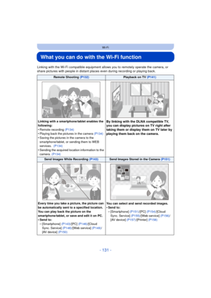 Page 131- 131 -
Wi-Fi
What you can do with the Wi-Fi function
Linking with the Wi-Fi compatible equipment allows you to remotely operate the camera, or 
share pictures with people in distant places even during recording or playing back.
Remote Shooting (P132)Playback on TV (P141)
Linking with a smartphone/tablet enables the 
following:
•Remote recording  (P134)•Playing back the pictures in the camera  (P134)
•Saving the pictures in the camera to the 
smartphone/tablet, or sending them to WEB 
services.  (P134)...