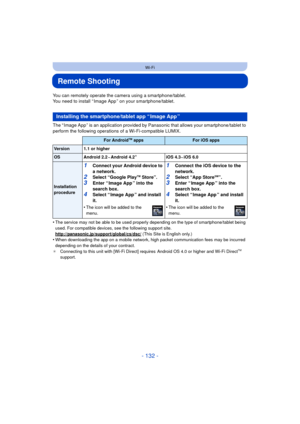 Page 132- 132 -
Wi-Fi
Remote Shooting
You can remotely operate the camera using a smartphone/tablet.
You need to install “ Image App ” on your smartphone/tablet.
The “ Image App ” is an application provided by Panasonic that allows your smartphone/tablet to 
perform the following operations of a Wi-Fi-compatible LUMIX.
•
The service may not be able to be used properly depending on the type of smartphone/tablet being 
used. For compatible devices, see the following support site....