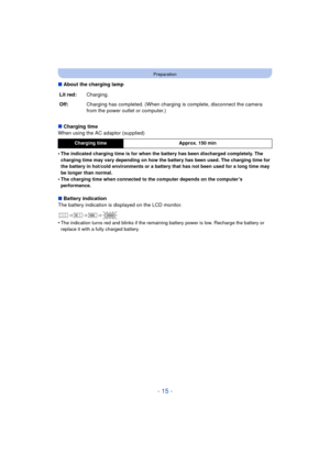 Page 15- 15 -
Preparation
∫About the charging lamp
∫ Charging time
When using the AC adaptor (supplied)
•
The indicated charging time is for when the battery has been discharged completely. The 
charging time may vary depending on how the battery has been used. The charging time for 
the battery in hot/cold environments or a battery that has not been used for a long time may 
be longer than normal.
•The charging time when connected to the computer depends on the computer’s 
performance.
∫ Battery indication
The...