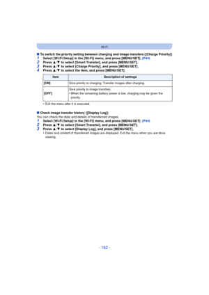 Page 162- 162 -
Wi-Fi
∫To switch the priority setting between charging and image transfers ([Charge Priority])1Select [Wi-Fi Setup] in the [Wi-Fi] menu, and press [MENU/SET]. (P44)
2Press  3/4  to select [Smart Transfer], and press [MENU/SET].3Press  3/4  to select [Charge Priority], and press [MENU/SET].4Press  3/4  to select the item, and press [MENU/SET].
•
Exit the menu after it is executed.
∫ Check image transfer history ([Display Log])
You can check the date and details of transferred images.
1Select...