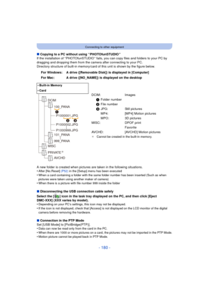 Page 180- 180 -
Connecting to other equipment
∫Copying to a PC without using “ PHOTOfunSTUDIO ”
If the installation of “ PHOTOfunSTUDIO ” fails, you can copy files and folders to your PC by 
dragging and dropping them from the camera after connecting to your PC.
Directory structure of built-in memory/card of this unit is shown by the figure below.
A new folder is created when pictures are taken in the following situations.
•
After [No.Reset]  (P52) in the [Setup] menu has been executed
•When a card containing a...