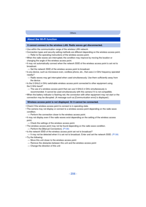 Page 206- 206 -
Others
•Use within the communication range of the wireless LAN network.
•Connection types and security setting methods are different depending on the wireless access point.> Refer to the operating instructions of the wireless access point.
•When the radio waves are interrupted, the condition may improve by moving the location or 
changing the angle of the wireless access point.
•It may not automatically connect when the network SSID of the wireless access point is set not to 
broadcast.
> Set the...