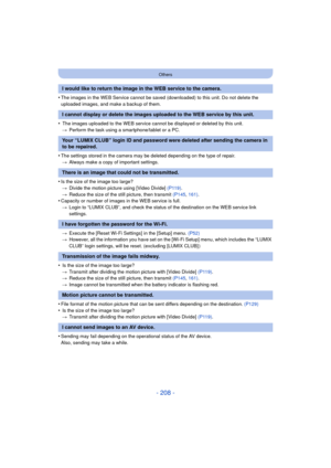 Page 208- 208 -
Others
•The images in the WEB Service cannot be saved (downloaded) to this unit. Do not delete the 
uploaded images, and make a backup of them.
• The images uploaded to the WEB service cannot be displayed or deleted by this unit.> Perform the task using a smartphone/tablet or a PC.
•The settings stored in the camera may be deleted depending on the type of repair.
> Always make a copy of important settings.
•Is the size of the image too large?
> Divide the motion picture using [Video Divide]...