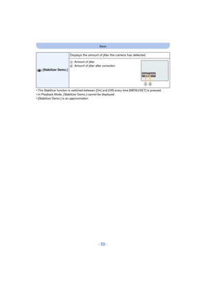 Page 55- 55 -
Basic
•The Stabilizer function is switched between [On] and [Off] every time [MENU/SET] is pressed.•In Playback Mode, [Stabilizer Demo.] cannot be displayed.
•[Stabilizer Demo.] is an approximation.
 [Stabilizer Demo.]
Displays the amount of jitter the camera has detected.
AAmount of jitter
B Amount of jitter after correction
AB 