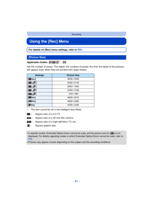 Page 81- 81 -
Recording
Using the [Rec] Menu
For details on [Rec] menu settings, refer to P44.
Applicable modes: 
Set the number of pixels. The hi gher the numbers of pixels, the finer the detail of the pictures 
will appear even when they are printed onto large sheets.
¢ This item cannot be set in the Intelligent Auto Mode.
•In specific modes, Extended Optical Zoom cannot be used, and the picture size for [ ] is not 
displayed. For details regarding modes in which Extended Optical Zoom cannot be used, refer to...