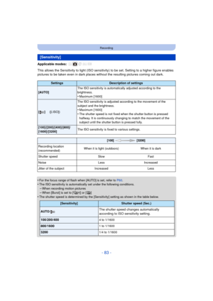 Page 83- 83 -
Recording
Applicable modes: 
This allows the Sensitivity to light (ISO sensitivity) to be set. Setting to a higher figure enables 
pictures to be taken even in dark places wi thout the resulting pictures coming out dark.
•
For the focus range of flash when [AUTO] is set, refer to  P60.•The ISO sensitivity is automatically set under the following conditions.
–When recording motion pictures–When [Burst] is set to [ ] or [ ]
•The shutter speed is determined by the [Sensitivity] setting as shown in...