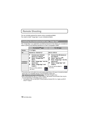 Page 14VQT4P86 (ENG)14
Remote Shooting
You can remotely operate the camera using a smartphone/tablet.
You need to install “ Image App ” on your smartphone/tablet.
The “ Image App ” is an application provided by Panasonic that allows your smartphone/
tablet to perform the following operations of a Wi-Fi-compatible LUMIX.
•The service may not be able to be used properly depending on the type of\
 smartphone/tablet 
being used. For compatible devices, see the following support site....