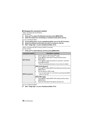 Page 16VQT4P86 (ENG)16
∫Changing the connection method
•When connecting with [Via Network]
(On the camera)
1Press  3/4 to select [Via Network], and then press [MENU/SET].2Select the method for connecting to a wireless access point, and set.
(On your smartphone/tablet)
3On the setting menu of your smartphone/tablet, turn on the Wi-Fi function.4Select the wireless access point you want to connect to, and set.5Start “ Image App ” on your smartphone/tablet. (P14)
•When connecting with [Wi-Fi Direct] or [WPS...