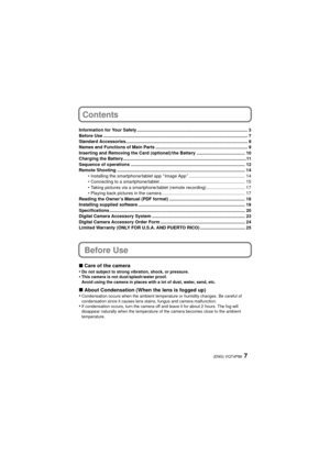 Page 77(ENG) VQT4P86
Contents
Information for Your Safety ......................................................................................... 3
Before Use .................................................................................................................... 7
Standard Accessories.................................................................................................. 8
Names and Functions of Main Parts .......................................................................... 9...