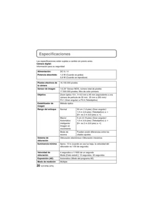 Page 20VQT4P86 (SPA)20
Especificaciones
Las especificaciones están sujetas a cambio sin previo aviso.
Cámara digital:
Información para su seguridadAlimentación: DC 5,1 V
Potencia absorbida: 1,3 W (Cuando se graba)
0,9 W (Cuando se reproduce)
Píxeles efectivos de 
la cámara 16.100.000 píxeles
Sensor de imagen 1/2,33q Sensor MOS, número total de pixeles 
17.500.000 píxeles, filtro de color primario
Objetivo Zoom óptico 10k, fl 4,5 mm a 45 mm (equivalente a una 
cámara de película de 35 mm: 25 mm a 250 mm)/
F3.1...