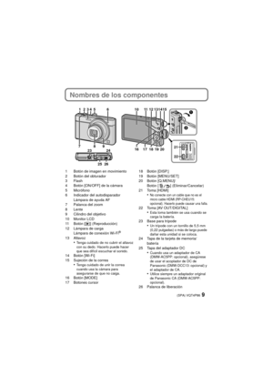 Page 99(SPA) VQT4P86
Nombres de los componentes
1 Botón de imagen en movimiento
2 Botón del obturador
3Flash
4 Botón [ON/OFF] de la cámara
5Micrófono
6 Indicador del autodisparadorLámpara de ayuda AF
7 Palanca del zoom
8Lente
9 Cilindro del objetivo
10 Monitor LCD
11 B o t ó n  [ (] (Reproducción)
12 Lámpara de carga Lámpara de conexión Wi-Fi
®
13 Altavoz•Tenga cuidado de no cubrir el altavoz 
con su dedo. Hacerlo puede hacer 
que sea difícil escuchar el sonido.
14 Botón [Wi-Fi]
15 Sujeción de la correa
•Tenga...