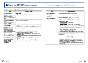 Page 2140   VQT2X58VQT2X58   41
For details about the setting procedure in the [SETUP] menu. (→32) Using the [SETUP] menu (Continued)
ItemSettings, Notes
 
[TV ASPECT]
Change the aspect ratio 
when connected to a 
TV, etc. (Playback Mode 
only). / 
 • Operates when AV cable is connected.
[VERSION DISP.]
Check the version of the 
camera firmware. Current version is displayed.
 
[FORMAT]
Use when [BUILT-IN 
MEMORY ERROR] 
or [MEMORY CARD 
ERROR] appears, or 
when formatting the built-
in memory or card. 
When a...