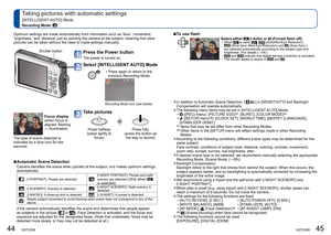 Page 2344   VQT2X58VQT2X58   45
 
Taking pictures with automatic settings
[INTELLIGENT AUTO] Mode
Recording Mode: 
Press the Power button
The power is turned on. 
Select [INTELLIGENT AUTO] Mode
 • Press again to return to the previous Recording Mode.
Recording Mode icon (see below)
Take pictures
Press halfway 
(press lightly to  focus) Press fully 
(press the button all  the way to record)
Optimum settings are made automatically from information such as ‘fac\
e,’ ‘movement,’ 
‘brightness,’ and ‘distance’ just...