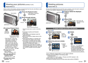 Page 2650   VQT2X58VQT2X58   51
 
Viewing your pictures
 [NORMAL PLAY]
Playback Mode: 
 
Deleting pictures
Playback Mode: 
Press the Playback button
 • Press again to enter the 
Recording Mode.
Scroll through pictures
Previous Next
File number
Picture number/Total pictures
 • Press the shutter button to switch to Recording  Mode.
 
●Hold down to quickly scroll forwards/
backwards.
 
●If file number is not displayed, press the 
[DISPLAY] button.
 
●After the final picture, display returns to the 
first picture....