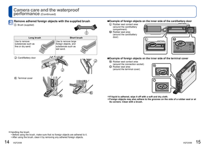 Page 814   VQT2X58VQT2X58   15
Camera care and the waterproof 
performance 
(Continued)
Remove adhered foreign objects with the supplied brush
: Brush (supplied)
Long brush
Short brush
Use to remove 
substances such as 
fine or dry sand.
Use to remove large 
foreign objects, and 
substances such as 
wet sand.
:  Card/Battery door
:   Terminal cover
 
●Handling the brush
 • Before using the brush, make sure that no foreign objects are adhered to\
 it.
 • After using the brush, clean it by removing any adhered...