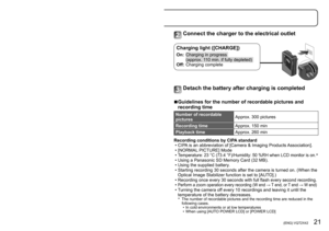 Page 2120   VQT2X42 (ENG) (ENG) VQT2X42   21
Charging the battery
 ■About batteries that you can use with this unit
The battery that can be used with this unit is DMW-BCH7PP.
It has been found that counterfeit battery packs which look very 
similar to the genuine products are made available to purchase 
in some markets. Some of these battery packs are not adequately 
protected with internal protection to meet the requirements of 
appropriate safety standards. There is a possibility that these 
battery packs may...