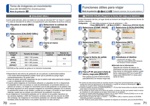 Page 3670   VQT2X60VQT2X60   71
Toma de imágenes en movimiento 
Modo [IM. MOVIMIENTO] (Continuación)
Modo de grabación: 
Funciones útiles para viajar
Modo de grabación: ∗     ∗Grabación solamente. (No se puede establecer.)
  [CALIDAD GRA.] 
Cuando grabe películas, utilice una tarjeta con una clase de velocida\
d SD∗1 de ‘Clase 6’ o superior.∗1 La clase de velocidad SD se refiere a una especificación para velocid\
ades de escritura continuas.
Calidad de 
imagen Tamaño de imagen Número de 
cuadrosRelación de...