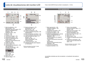 Page 52102   VQT2X60VQT2X60   103
Pulse el botón [DISPLAY] para cambiar la visualización (→19, 52). 
Lista de visualizaciones del monitor LCD
En la grabaciónEn la reproducción
Las pantallas mostradas aquí sólo son ejemplos. La visualizació\
n real puede ser 
diferente.
1Modo de grabación (→43)
Modo del flash ( →54)
Estabilizador óptico de la imagen ( →78)Alerta de inestabilidad de la 
fotografía (→46)
Grabación macro (→56)
2Área AF  (→46)3Enfoque (→46)4Tamaño de la imagen ( →73)5Capacidad de batería (...