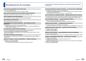 Page 53104   VQT2X60VQT2X60   105
Los significados y las respuestas necesarias a los mensajes principales \
mostrados en 
el monitor LCD.Visualizaciones de mensajes
[ESTA TARJETA DE MEMORIA NO SE PUEDE USAR.]
 
●Se insertó una MultiMediaCard.
  →  No es compatible con la cámara. Utilice una tarjeta compatible. 
[ESTA TARJETA DE MEMO-RIA ESTÁ PROTEGIDA CONTRA ESCRITURA]
 
●Desbloquee el interruptor de protección contra escritura de la tarjet\
a. ( →28)
[NO HAY IMAGEN VALIDA PARA MOSTRAR]
 
●Tome fotografías o...