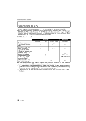 Page 118VQT1Z45118
Connecting to other equipment
Connecting to other equipmentConnecting to a PC
You can acquire recorded pictures to a PC by connecting the camera and the PC.
•You can easily print out or mail the pictures you have imported. Use of the “PHOTOfunSTUDIO 
3.0 HD Edition” bundled software on the CD-ROM (supplied) is a convenient way of doing this.•Read the separate operating instructions for the supplied software for more information about 
the software in the CD-ROM (supplied) and how to install...
