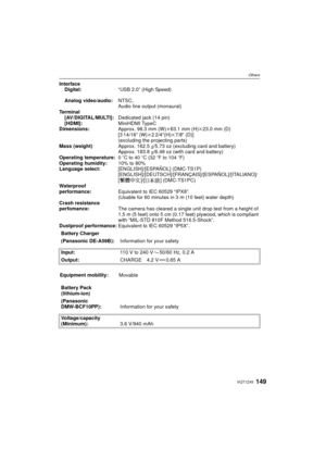 Page 149149VQT1Z45
Others
InterfaceDigital: “USB 2.0” (High Speed)
Analog video/audio: NTSC,
Audio line output (monaural)
Terminal [AV/DIGITAL/MULTI]: Dedicated jack (14 pin)
[HDMI]: MiniHDMI TypeC
Dimensions: Approx. 98.3 mm (W)k63.1 mm (H)k23.0 mm (D) 
[3 14/16q (W)k 22/4q(H)k7/8 q (D)] 
(excluding the projecting parts)
Mass (weight) Approx. 162.5g/5.73 oz (excluding card and battery)
Approx. 183.8 g/6.48 oz (with card and battery)
Operating temperature:
0oC to 40oC (32oF to 104oF)Operating humidity: 10% to...
