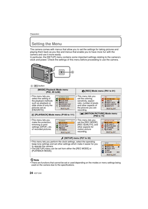 Page 24VQT1Z4524
Preparation
Setting the Menu
The camera comes with menus that allow you to set the settings for taking pictures and 
playing them back as you like and menus that enable you to have more fun with the 
camera and use it more easily.
In particular, the [SETUP] menu contains some important settings relating to the camera’s 
clock and power. Check the settings of this  menu before proceeding to use the camera.
Note
•
There are functions that cannot be set or used depending on the modes or menu...