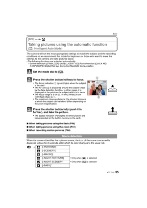 Page 3535VQT1Z45
Basic
[REC] mode: ñ
BasicTaking pictures using the automatic function 
(ñ: Intelligent Auto Mode)
The camera will set the most appropriate settings to match the subject and the recording 
conditions so we recommend this mode for beginners or those who want to leave the 
settings to the camera and take pictures easily.
•
The following functions are activated automatically.–Scene detection /[STABILIZER] /[INTELLIGENT ISO]/ Face detection / [QUICK AF]/
[I.EXPOSURE]/ Digital Red-eye...