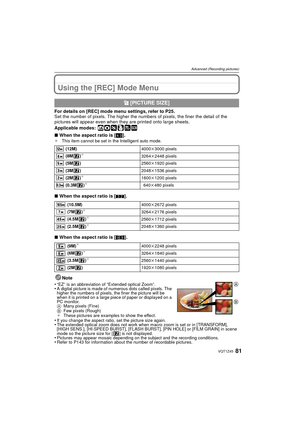 Page 8181VQT1Z45
Advanced (Recording pictures)
Using the [REC] Mode Menu
For details on [REC] mode menu settings, refer to P25.
Set the number of pixels. The higher the numbers of pixels, the finer the detail of the 
pictures will appear even when they are printed onto large sheets.
Applicable modes:
 ñ· ¿
∫When the aspect ratio is [ X].¢ This item cannot be set in the Intelligent auto mode.
∫When the aspect ratio is [ Y].
∫ When the aspect ratio is [ W].
Note
•
“EZ” is an abbreviation of “Extended optical...