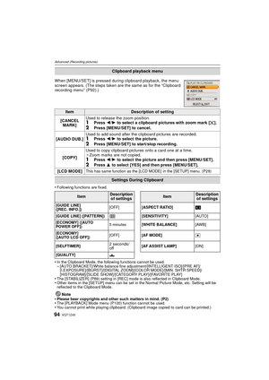 Page 94VQT1Z4594
Advanced (Recording pictures)
•Following functions are fixed.
•In the Clipboard Mode, the following functions cannot be used.–[AUTO BRACKET]/White balance fine adjustment/[INTELLIGENT ISO]/[PRE AF]/
[I.EXPOSURE]/[BURST]/[DIGITAL ZOOM]/[COLOR MODE]/[MIN. SHTR SPEED]/
[HISTOGRAM]/[SLIDE SHOW]/[CATEGORY PLAY]/[FAVORITE PLAY]
•The [STABILIZER] (P89) setting in [REC] mode is also reflected in Clipboard Mode.•Other items in the [SETUP] menu can be set in the Normal Picture Mode, etc. Setting will be...