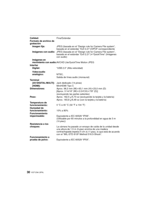 Page 30VQT1Z46 (SPA)30
Calidad:Fina/Estándar
Formato de archivo de 
grabación Imagen fija: JPEG (basada en el “Design rule for Camera File system”, 
basada en el estándar “Exif 2.21”)/DPOF correspondiente
Imágenes con audio: JPEG (basada en el “Design rule for Camera File system”, 
basada en el estándar “Exif 2.21”) r“QuickTime” (Imágenes 
con audio)
Imágenes en 
movimiento con audio:AVCHD Lite/QuickTime Motion JPEG
Interfaz Digital: “USB 2.0” (Alta velocidad)
Vídeo/audio 
analógico: NTSC,
Salida de línea audio...