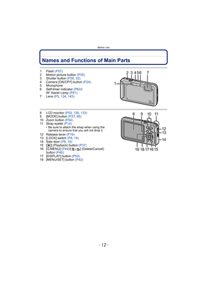 Page 12Before Use
- 12 -
Names and Functions of Main Parts
1Flash (P57)
2 Motion picture button  (P35)
3 Shutter button  (P29, 32)
4 Camera [ON/OFF] button  (P24)
5 Microphone
6 Self-timer indicator  (P62)/
AF Assist Lamp  (P91)
7 Lens  (P5, 134,  143)
8 LCD monitor  (P53, 128,  133)
9 [MODE] button  (P27, 95)
10 Zoom button  (P54)
11 Strap eyelet  (P14)
•
Be sure to attach the strap when using the 
camera to ensure that you will not drop it.
12 Release lever  (P19)
13 [LOCK] switch  (P8, 19)
14 Side door (P8 ,...