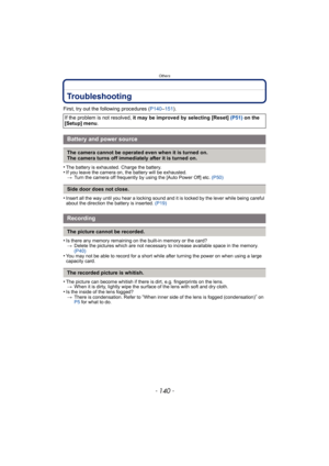 Page 140Others
- 140 -
Troubleshooting
First, try out the following procedures (P140–151).
•
The battery is exhausted. Charge the battery.•If you leave the camera on,  the battery will be exhausted.
> Turn the camera off frequently by using the [Auto Power Off] etc.  (P50)
•Insert all the way until you hear a locking sound and it is locked by the lever while being careful 
about the direction the battery is inserted. (P19)
•Is there any memory remaining on the built-in memory or the card?
> Delete the pictures...